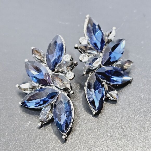 Retro Fancy Rhinestone Stud Earrings Woman's Drops Crystal Blue Clusters Dangle - Picture 3 of 8
